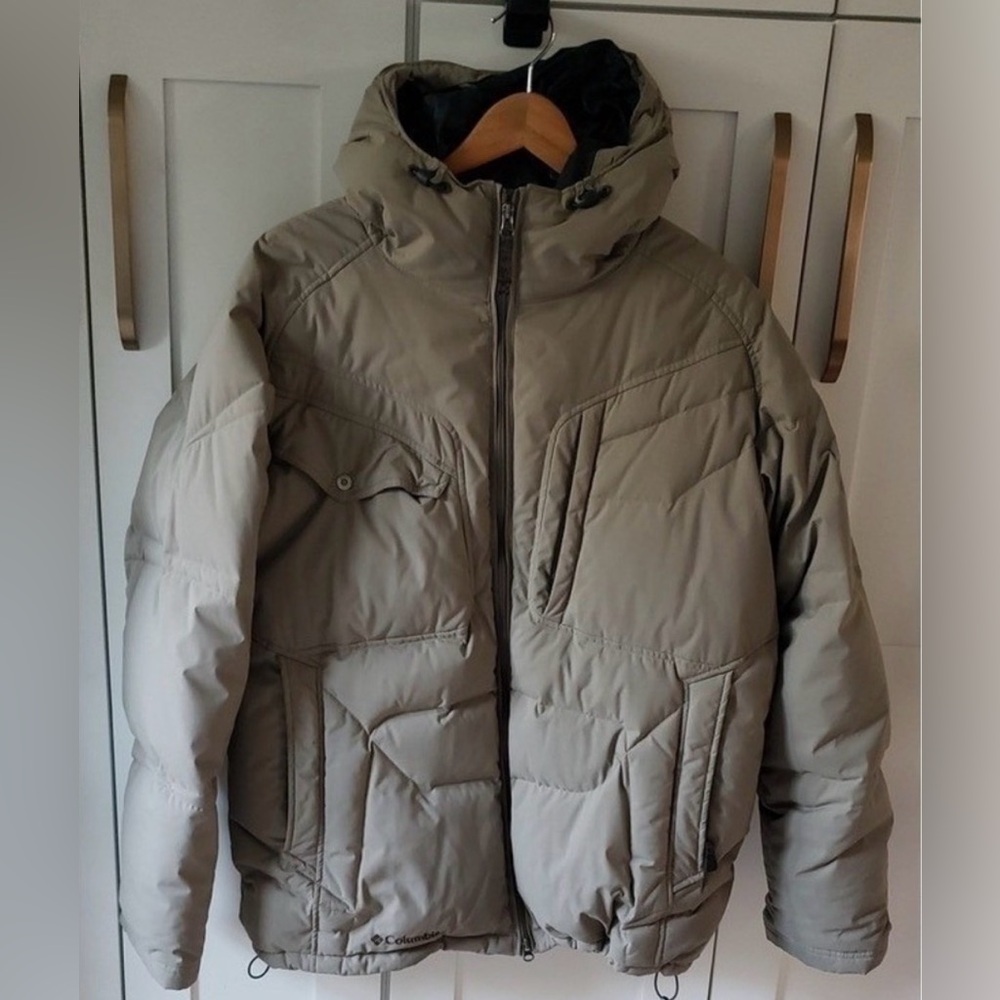 Columbia Puffer Jacket Mens L Beige Hooded Quilted Winter